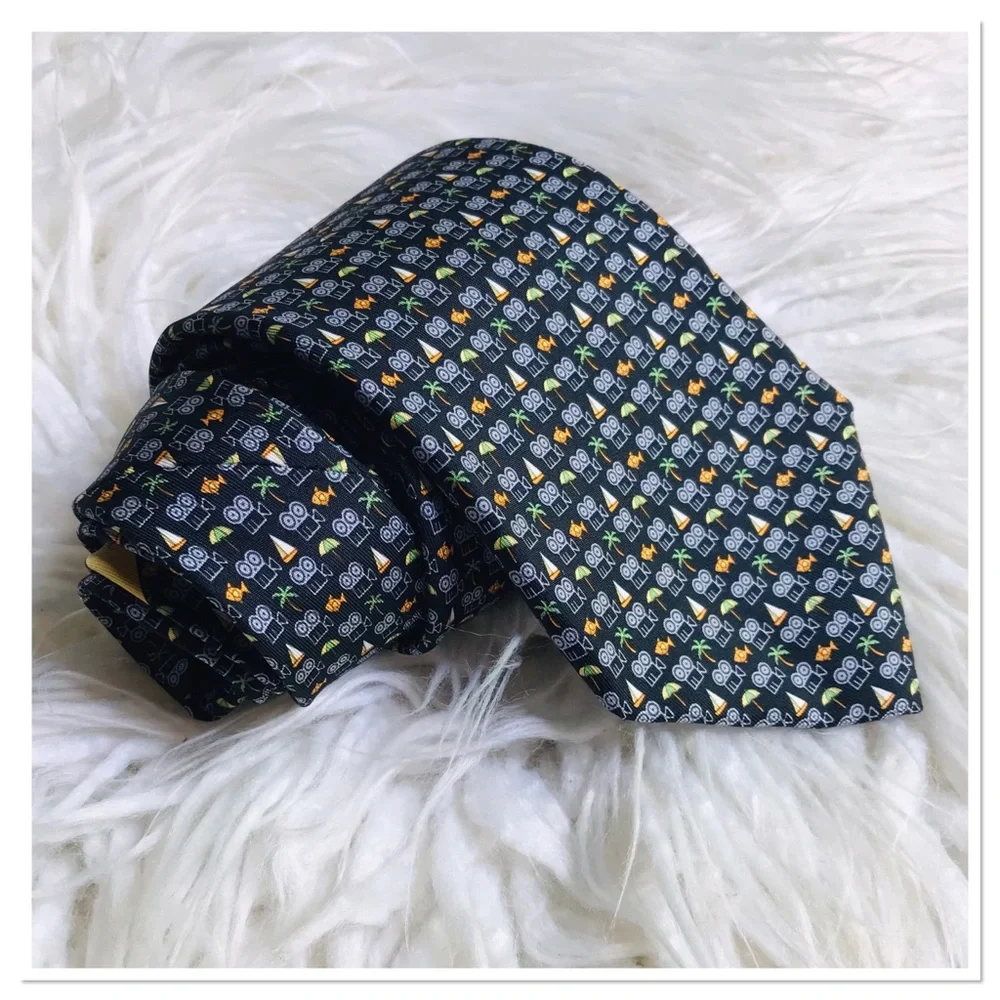 Salvatore Ferragamo 100% Silk Tie Fish Palm Tree Print Black Multicolour
